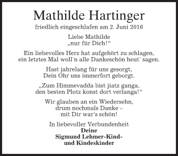 Traueranzeige von Mathilde Hartinger von merkurtz