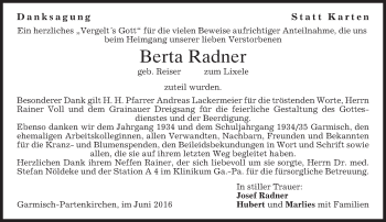 Traueranzeige von Berta Radner von merkurtz