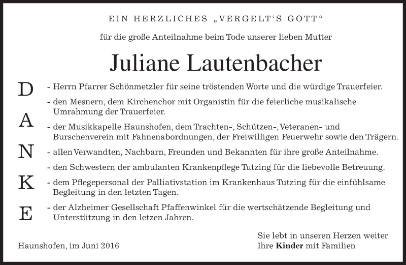  Traueranzeige für Juliane Lautenbacher vom 11.06.2016 aus merkurtz