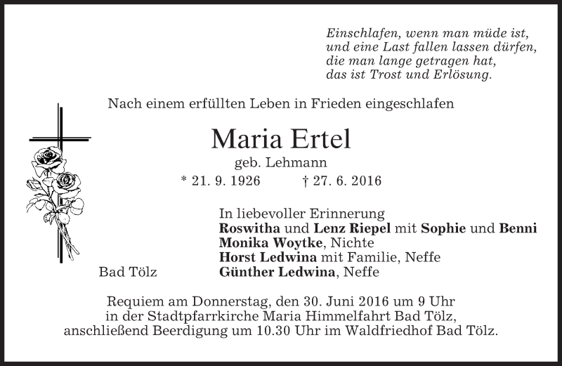  Traueranzeige für Maria Ertel vom 29.06.2016 aus merkurtz