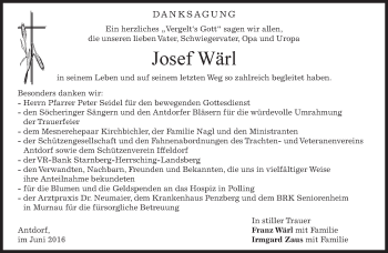 Traueranzeige von Josef Wärl von merkurtz