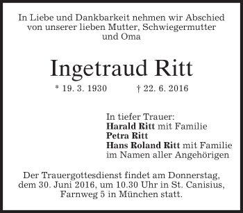 Traueranzeige von Ingetraud Ritt von merkurtz