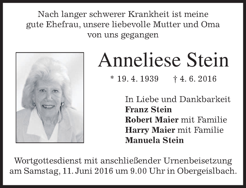  Traueranzeige für Anneliese Stein vom 09.06.2016 aus merkurtz