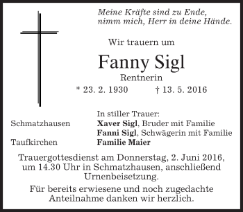 Traueranzeige von Fanny Sigl von merkurtz