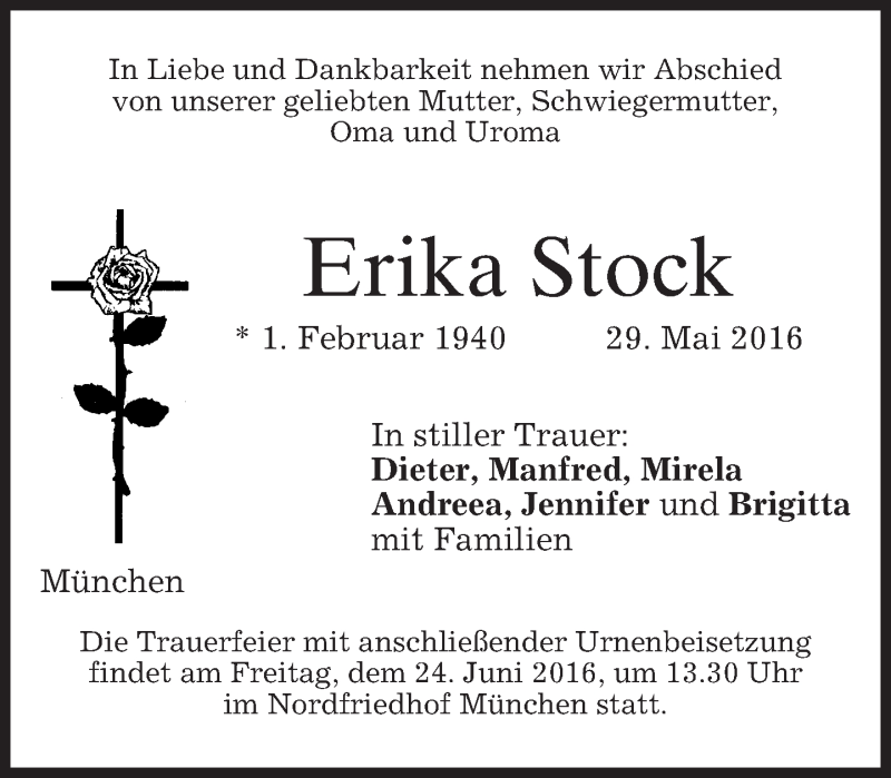  Traueranzeige für Erika Stock vom 18.06.2016 aus merkurtz