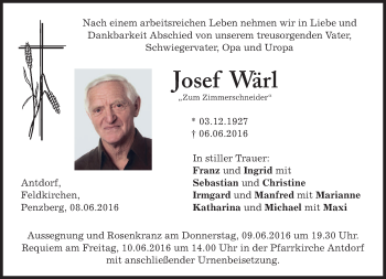 Traueranzeige von Josef Wärl von merkurtz