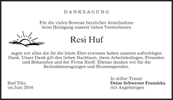 Traueranzeige von Resi Huf von merkurtz