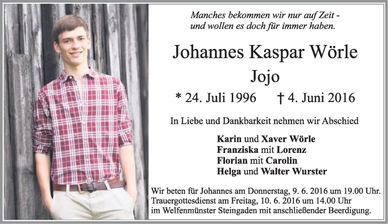  Traueranzeige für Johannes Kaspar Wörle vom 09.06.2016 aus merkurtz