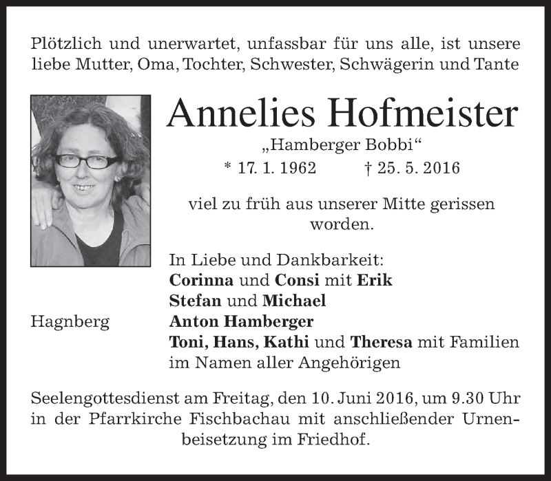  Traueranzeige für Annelies Hofmeister vom 08.06.2016 aus merkurtz