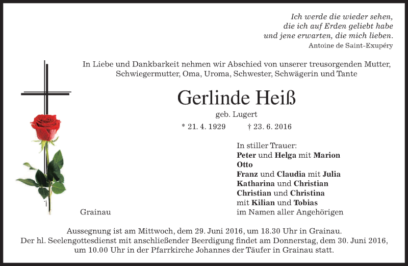  Traueranzeige für Gerlinde Heiß vom 27.06.2016 aus merkurtz
