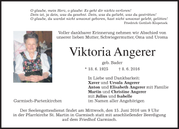 Traueranzeige von Viktoria Angerer von merkurtz