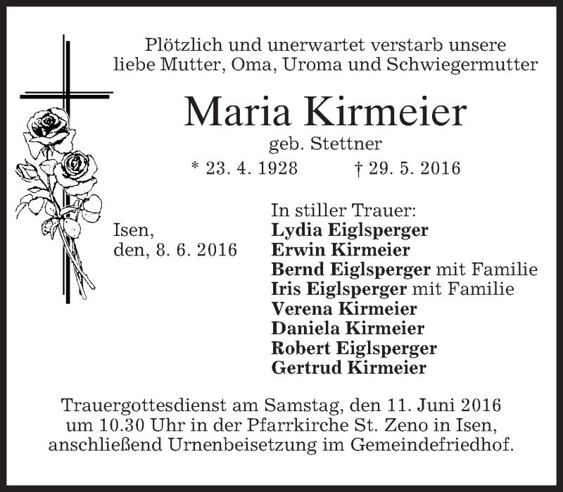  Traueranzeige für Maria Kirmeier vom 08.06.2016 aus merkurtz