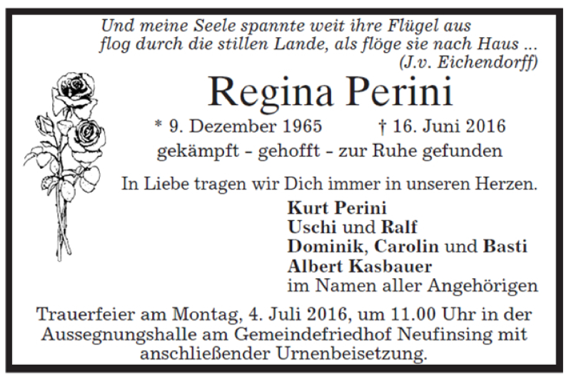  Traueranzeige für Regina Perini vom 25.06.2016 aus merkurtz