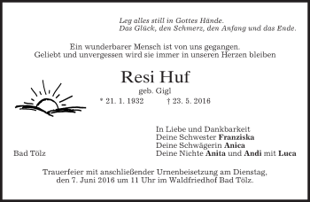 Traueranzeige von Resi Huf von merkurtz