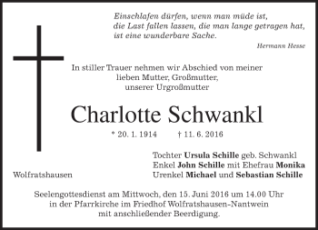 Traueranzeige von Charlotte Schwankl von merkurtz