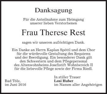 Traueranzeige von Therese Rest von merkurtz