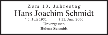 Traueranzeige von Hans Joachim Schmidt von merkurtz