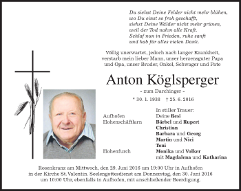 Traueranzeige von Anton Köglsperger von merkurtz