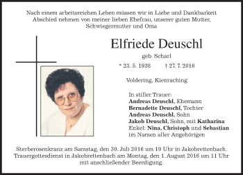 Traueranzeige von Elfriede Deuschl von merkurtz