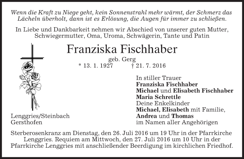  Traueranzeige für Franziska Fischhaber vom 23.07.2016 aus merkurtz