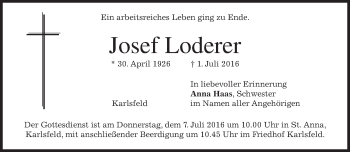 Traueranzeige von Josef Loderer von merkurtz