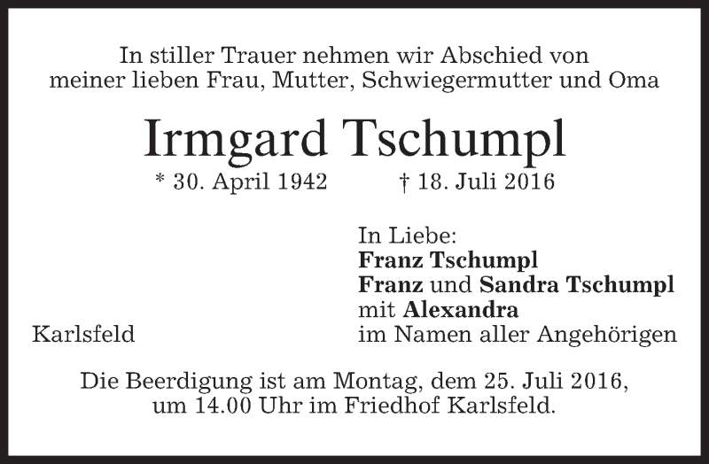  Traueranzeige für Irmgard Tschumpl vom 22.07.2016 aus merkurtz