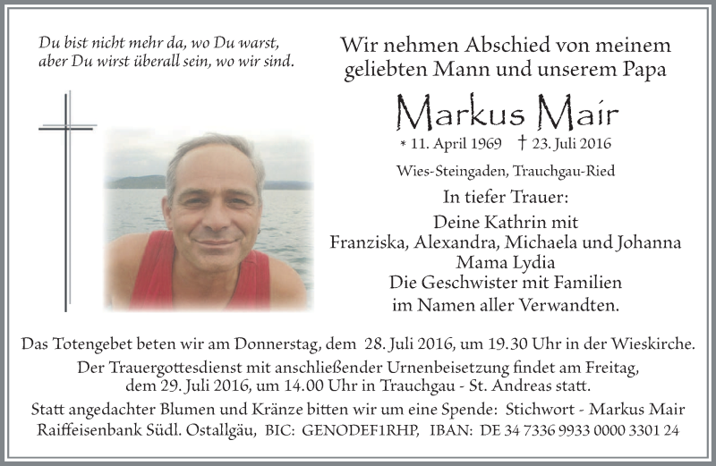 Traueranzeige für Markus Mair vom 27.07.2016 aus merkurtz