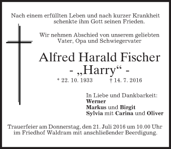 Traueranzeige von Alfred Harald Fischer von merkurtz