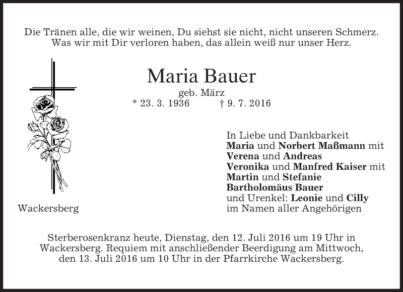  Traueranzeige für Maria Bauer vom 12.07.2016 aus merkurtz
