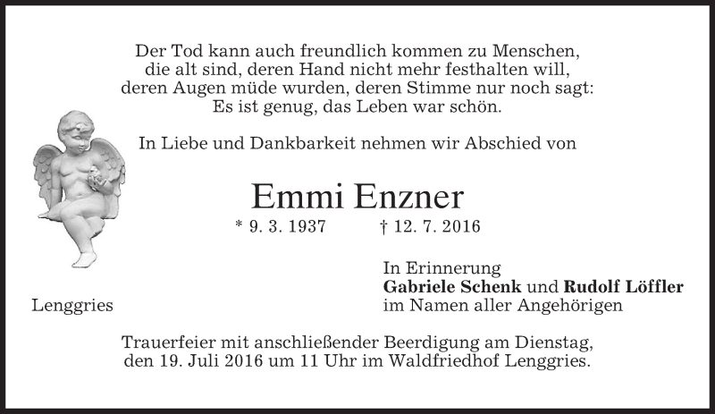  Traueranzeige für Emmi Enzner vom 16.07.2016 aus merkurtz
