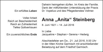 Traueranzeige von Anna Steinberg von merkurtz