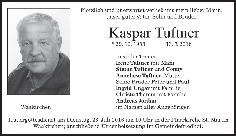  Traueranzeige für Kaspar Tuftner vom 23.07.2016 aus merkurtz