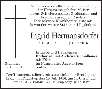 Traueranzeige von Ingrid Hermansdorfer von merkurtz