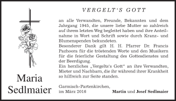Traueranzeige von Maria Sedlmaier von merkurtz