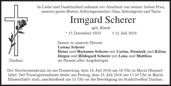 Traueranzeige von Irmgard Scherer von merkurtz