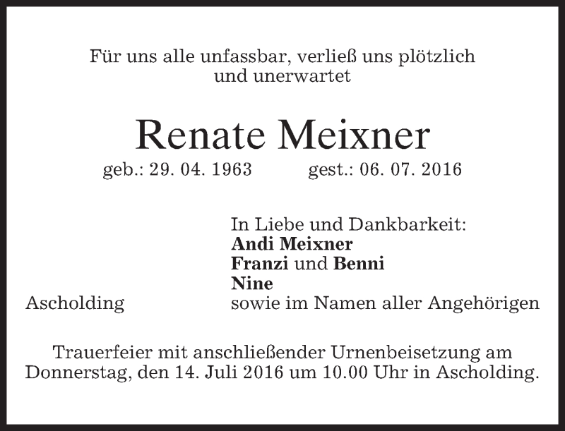  Traueranzeige für Renate Meixner vom 09.07.2016 aus merkurtz