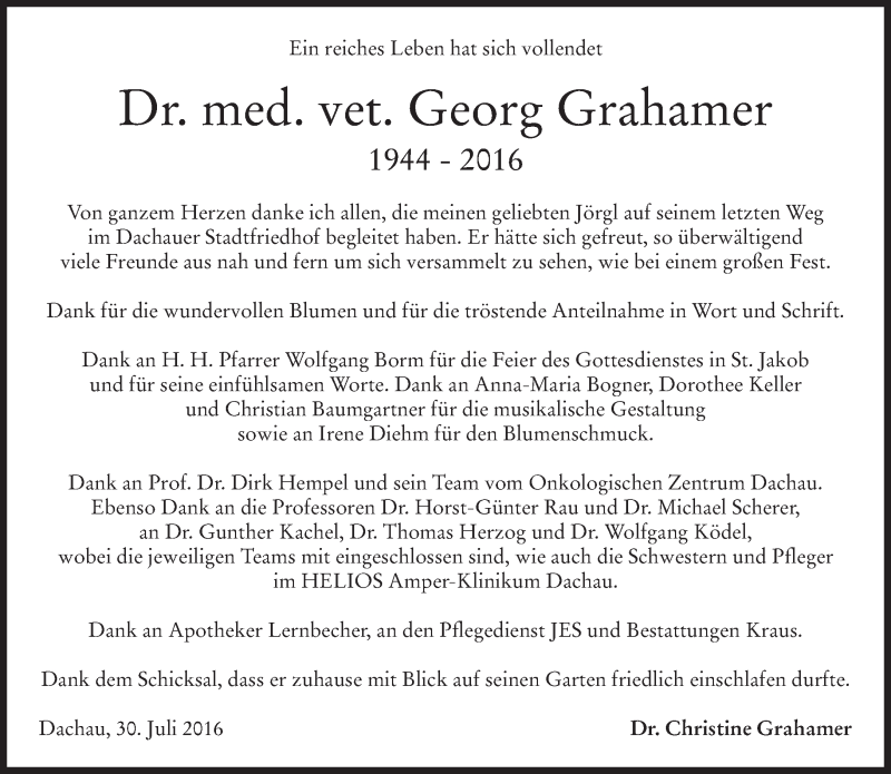  Traueranzeige für Georg Grahamer vom 30.07.2016 aus merkurtz