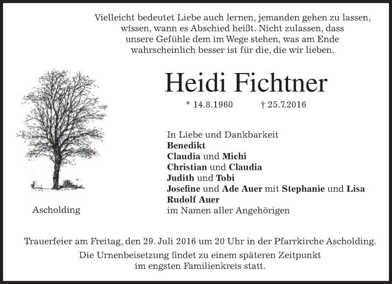  Traueranzeige für Heidi Fichtner vom 27.07.2016 aus merkurtz