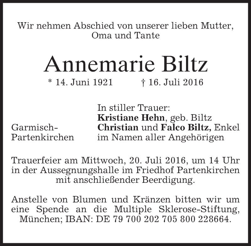  Traueranzeige für Annemarie Biltz vom 19.07.2016 aus merkurtz