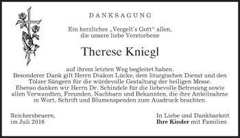 Traueranzeige von Therese Kniegl von merkurtz