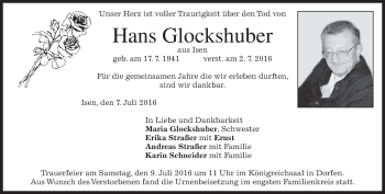 Traueranzeige von Hans Glockshuber von merkurtz