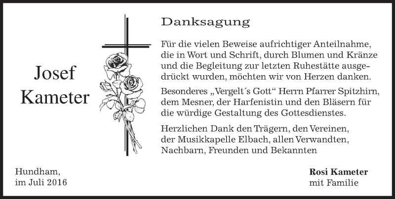  Traueranzeige für Josef Kameter vom 16.07.2016 aus merkurtz