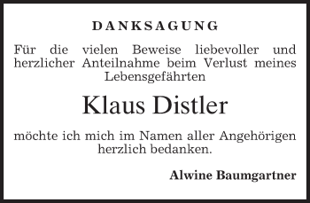 Traueranzeige von Klaus Distler von merkurtz