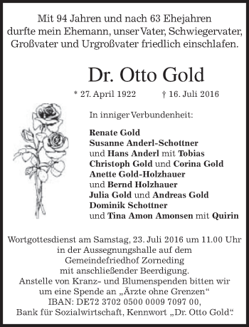 Traueranzeige von Otto Gold von merkurtz