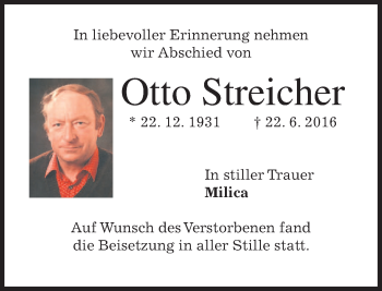 Traueranzeige von Otto Streicher von merkurtz