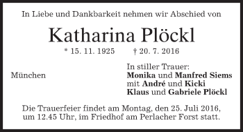 Traueranzeige von Katharina Plöckl von merkurtz