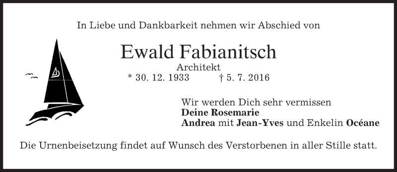  Traueranzeige für Ewald Fabianitsch vom 09.07.2016 aus merkurtz