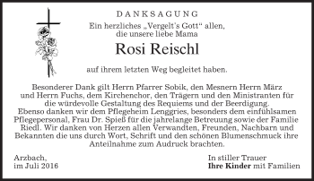 Traueranzeige von Rosi Reischl von merkurtz