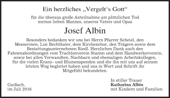 Traueranzeige von Josef Albin von merkurtz