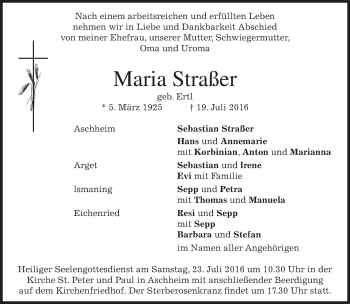 Traueranzeige von Maria Straßer von merkurtz